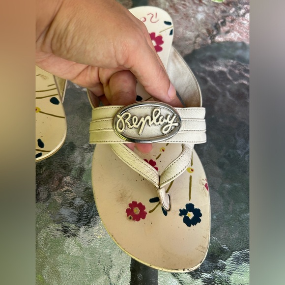 Replay | vintage white leather flower mules / flip flop sandals | size 6.5 - Picture 2 of 7